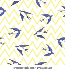 Hand drawn swallow bird seamless pattern. Spring vector illustration.