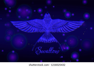 Hand drawn swallow inthe night sky. Flying bird on the magic background. Image with shift.