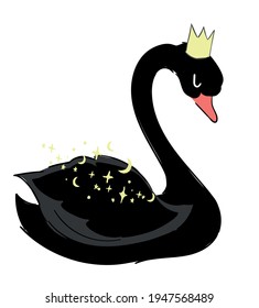 Hand drawn swan in the crown Fairy cartoon character Vector illustration