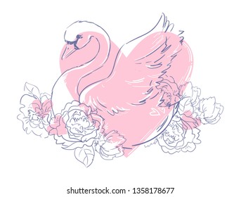 Hand drawn Swan and flowers on a striped multicolored background. Sketch a white bird. Vector illustration.