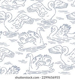 Hand drawn swan on lake vector seamless pattern. Blue ink linear sketch bird background. Romantic surface design for wedding design, textile, fashion, card making