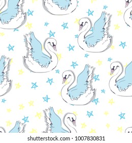Hand Drawn Swan Vector Pattern Illustration. Print design element for fabric. Fashion Textile. 