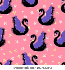 Hand Drawn Swan Vector Pattern Illustration. Print design element for fabric. Fashion Textile. 