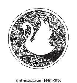 Hand drawn swan. Zentangle Art. Vector illustration. Coloring page.
