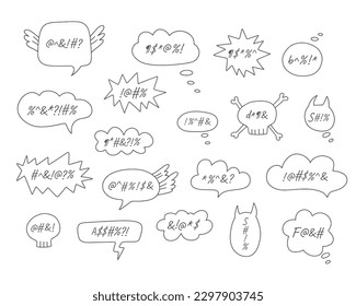 Hand drawn swear word speech bubble set. Bad words in bubbles simple icons set. Doodle illustration isolated on white background.