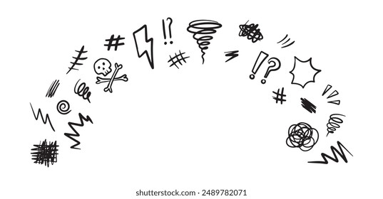 Hand drawn swearing icons in cartoon sketch stile. Simple doodle elements for concept design