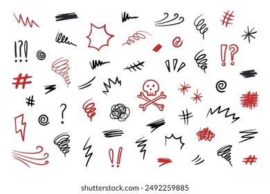 Hand drawn swearing icons in cartoon sketch stile. Simple doodle elements for concept design