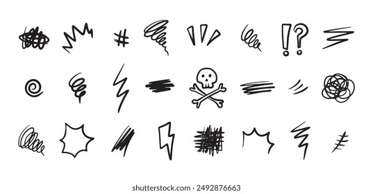 Iconos de maldición dibujados a mano en estilo de dibujo animado. Elementos simples del doodle para el diseño del concepto