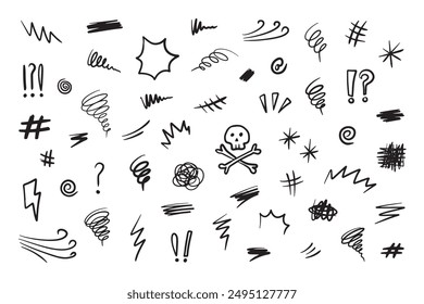 Hand drawn swearing icons in cartoon sketch stile. Simple doodle elements for concept design