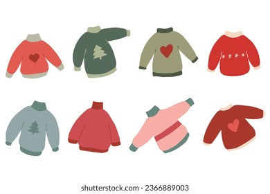 Hand drawn Sweater. Cartoon sweaters set. Knitted comfort christmas winter clothing. Wool cozy cute hand drawn cardigan. Vector illustration isolated on white background.