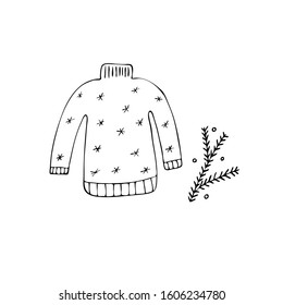Hand drawn sweater, pullover with branch of Christmas tree. Vector illustration for winter, cozy home design. Isolated on white background.