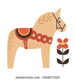 Hand drawn Swedish Dala horse with botanical elements, isolated on white vector illustration in flat style