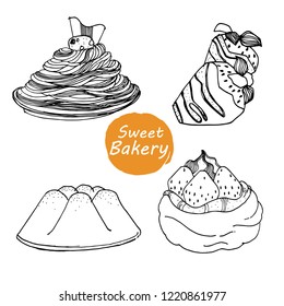 Hand drawn Sweet bakery set vector illustration for your design. Isolated on white background.