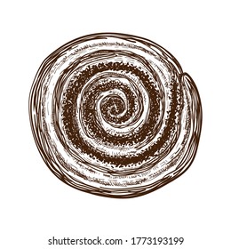 hand drawn sweet bun or roll with cinnamon or filled with poppy seeds. pastry sketch. Vector illustration of traditional dessert. poppy bun for breakfast top view. cinnamon or cocoa snail, tasty swirl