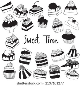 Hand drawn sweet cake and dessert set. Vector illustration on white background