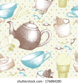 Hand drawn sweet cakes, candies, ice cream and teapot background. Vector seamless vintage pattern on spotted background