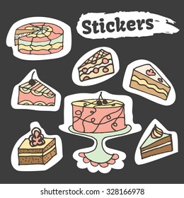 Hand drawn sweet cakes colorful stickers set. Bakery vector elements sketch. Excellent for creating your own designs. Pastry labels in doodle style.