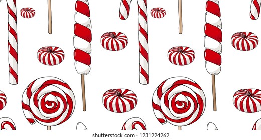 Hand drawn sweet candy seamless pattern.  Trend christmas illustration for your design. Postcard, card, poster design, website design, logo, wallpaper, textile, banner. Vector eps 10.