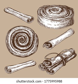 hand drawn sweet cinnamon buns or rolls with cinnamon sticks collection isolated on white. Vector pastry sketch set. vintage illustration of sweet dessert. cinamon, poppy or cocoa snail, tasty swirls.