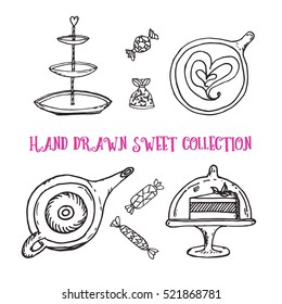 Hand drawn Sweet collection set with candy, team pot, coffee or tea cup upper view, piece of cake and other dishes. Black and white sketch illustration. Vector stock illustration. Sketch