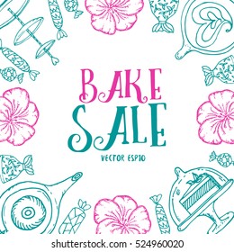 Hand drawn Sweet collection set with candy, team pot, coffee or tea cup upper view, piece of cake on the plate decorated with flowers. BAKE SALE. Colored sketch illustration.Vector stock illustration