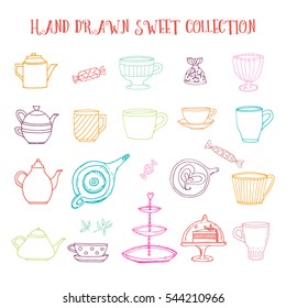 Hand drawn Sweet collection set with candy, team pot, coffee or tea cup upper view, piece of cake and other dishes. Black and white sketch illustration. Vector stock illustration. Sketch