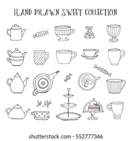 Hand drawn Sweet collection set with candy, team pot, coffee or tea cup upper view, piece of cake and other dishes. Black and white sketch illustration. Vector stock illustration. Sketch