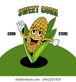 Hand drawn Sweet Corn Store vintage mascot