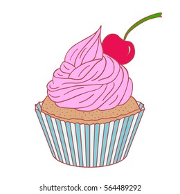 Hand drawn sweet cupcake with cherry and pink cream. Flat vector illustration of dessert. Cupcake isolated on white background. Bakery product.
