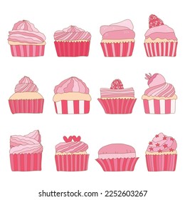 Hand drawn sweet cupcake collection in pink and red tone for Valentine's Day concept. Vector illustration on white background