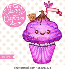 Hand drawn sweet cupcake. Vintage poster design. 