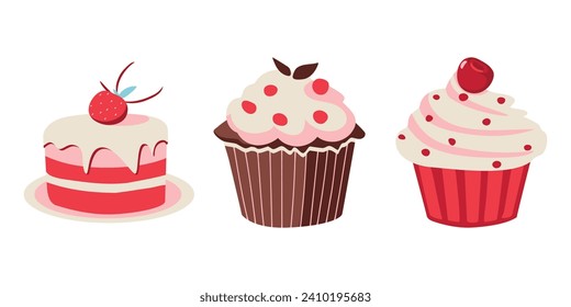 Hand Drawn Sweet Delicious Mini Cake and Cupcake. Cartoon Vector Illustration.