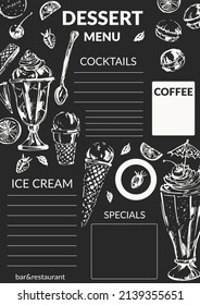 Hand drawn sweet dessert chalk sketch background with ice cream, cocktail, milk shake, berry, waffles, macaron. For cafe menu design, food and drink background, poster.