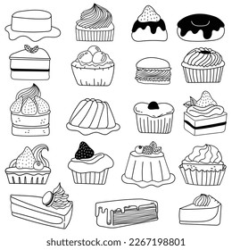 Hand drawn sweet dessert collection in doodle art style on white background