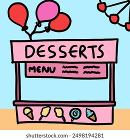 Hand drawn sweet dessert food stall for amusement park, theme park, street food, snack, circus, food business, cute patches, family trip, travel, vacation, holidays, weekend, park, outdoor, garden