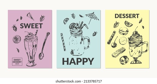 Hand drawn sweet dessert ink sketch of ice cream, cocktail, milk shake, chocolate, coffee drink, toppings, berry, waffles, cookies. For cafe menu design, food and drink background, poster.