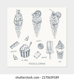 Hand drawn sweet dessert pencil sketch set with ice cream, popsicle, cones, chocolate, waffle, cookies. For cafe menu design, food and drink background, poster.