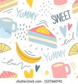 Hand drawn sweet dessert seamless pattern for print, textile, fabric. Modern cute girly background with desserts.