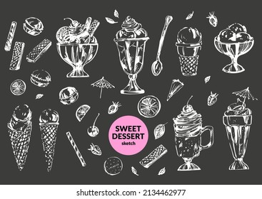 Hand Drawn Sweet Dessert White Chalk Sketch Set With Ice Cream, Cocktail, Milk Shake, Chocolate, Coffee Drink, Toppings, Berry, Waffles, Cookies. Cafe Menu Design, Food And Drink Background, Poster.