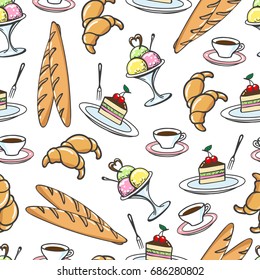 Hand drawn sweet desserts seamless pattern, vector illustration