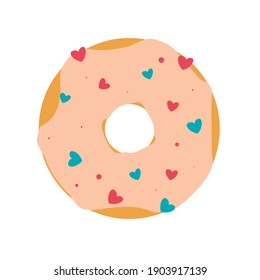 Hand drawn sweet donut with pink topping and hearts on top view. Flat Vector illustration isolated on white background.