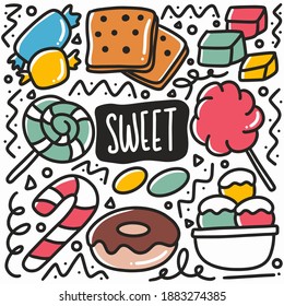 hand drawn sweet doodle set with icons and design elements