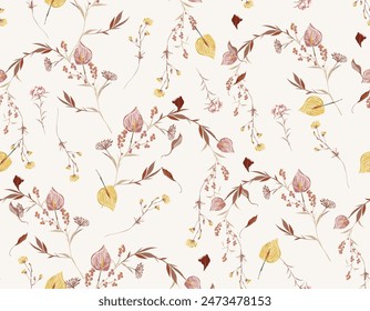 Hand drawn Sweet flower Vine seamless pattern.soft pastel colors  seamless pattern Vector Illustration ,Design for fashion , fabric, textile, wallpaper , wrapping and all print