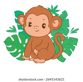 Hand Drawn Sweet Jungle Monkey Sitting in Tropical Leaves Cute Baby Animal Vector on White