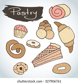 Hand drawn sweet pastry colorful set. Bakery vector elements sketch. Excellent for creating your own menu design. Doodle cake, muffin, pretzel, croissant, donut.