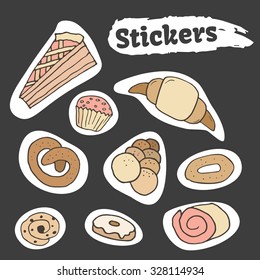 Hand drawn sweet pastry colorful stickers set. Bakery vector elements sketch. Excellent for creating your own designs. Doodle cake, muffin, pretzel, croissant, donut. Pastry stickers. Bakery elements.