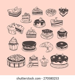 Hand drawn sweet pastry and desserts: cake, donut, croissant, cupcake, pie