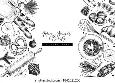 Hand drawn sweet pastry. Vector bakery, flour, eggs, apple, pear, orange, lemon, berries, cinnamon, spices, tools Cooking a pie Engraved illustration Menu package food banner design