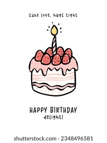 Hand drawn sweet Pink Birthday strawberry Cake with candle Doodle, Celebrate party with cute minimal cake illustration perfect for greeting cards.