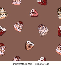 Hand drawn sweet seamless pattern on calm brown background. Heart-cookie and glaze, cake with cream. 